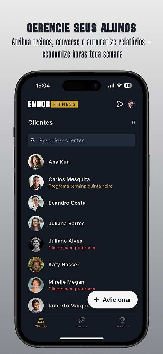 Interface do Endor Fitness para personal trainers - Tela 1